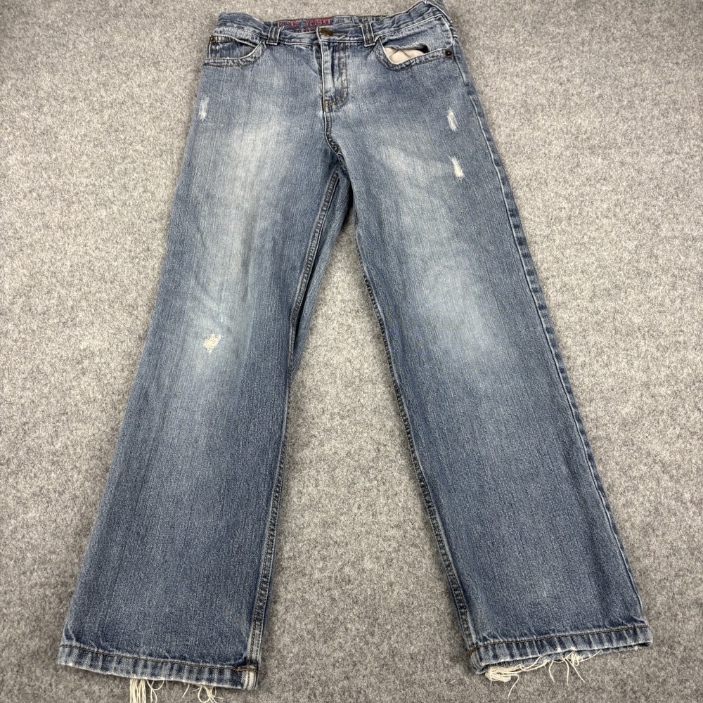 YMI Premium Denim Womens Size 14 Wide Leg Jeans Skull Pocket Raw Hem Blue Skater